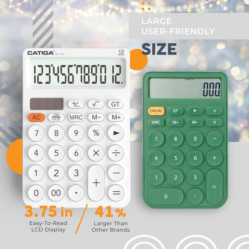 CATIGA 12 Digit Desktop Calculator Basic Desk Calculator with Large LCD Display, Big Buttons, 4 Function, Solar and Battery Dual Power, for Office, School, Home, SD-1292 White - Image 3